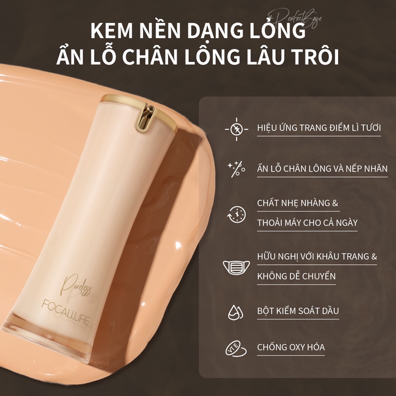 FOCALLURE Kem nền mờ dạng lỏng không xốp Lasting nhẹ lỗ chân lông vô hình kem che khuyết điểm tự nhiên 30g