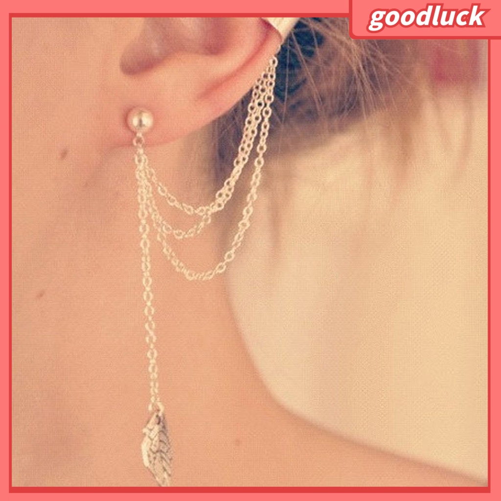 Khuyên tai dáng dài phối hình lá chất liệu kim loại cho nữ