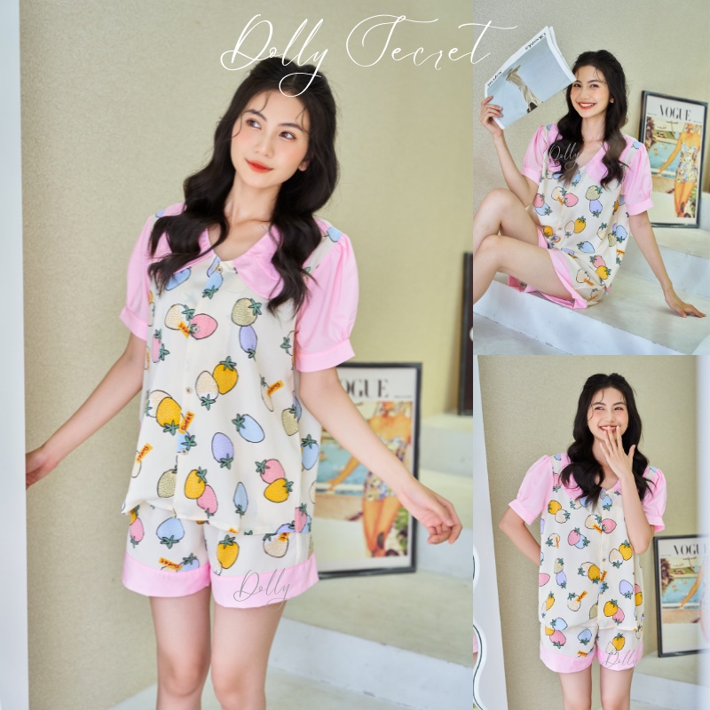 Bộ mặc nhà Pijama lụa mango tay cộc quần đùi DOLLY SECRET phối họa tiết dễ thương tay bồng cổ kép