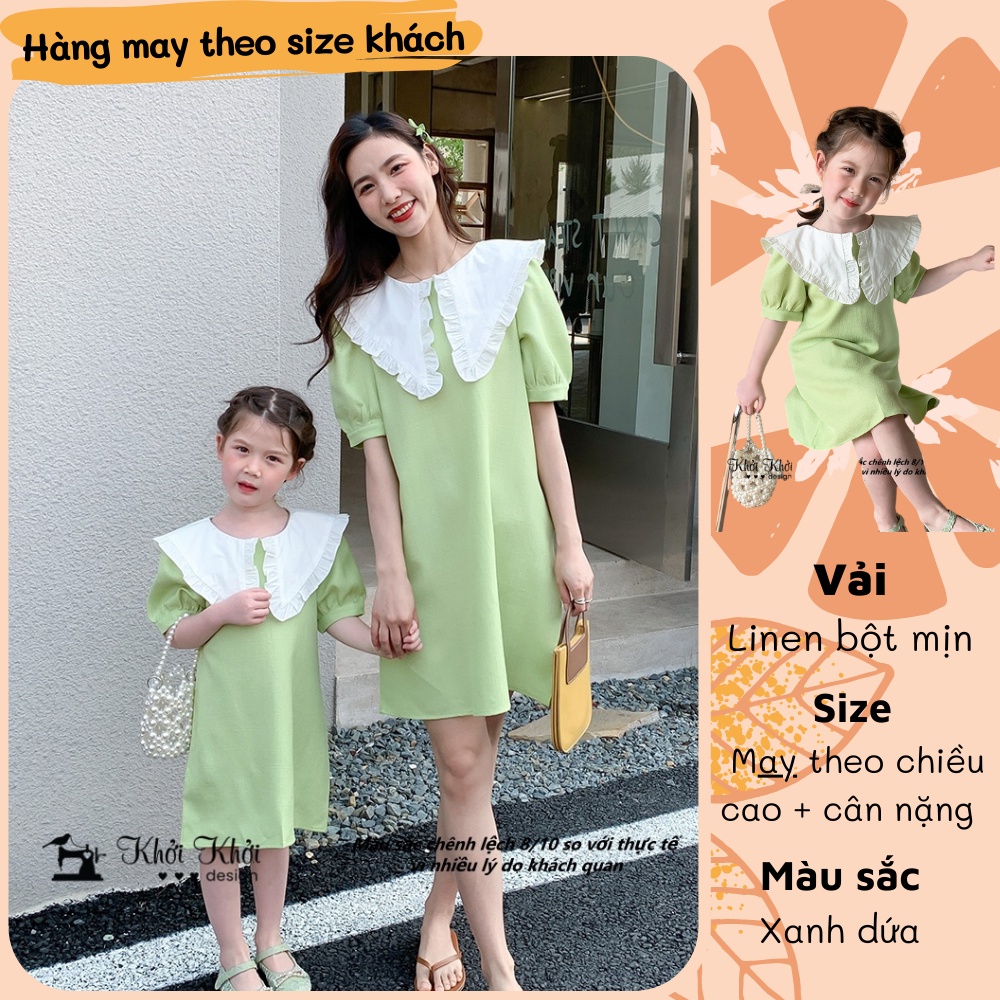 Thiết kế suôn A cổ lá nhọn nhíu bèo xinh xắn cùng màu sắc tươi tắn cho mẹ bé