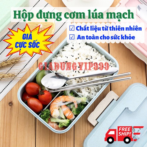 [Freeship] Hộp đựng cơm ♥️ Hộp cơm lúa mạch văn phòng 3 ngăn cao cấp giá rẻ kèm đũa thìa inox sử dụng cho lò vi sóng