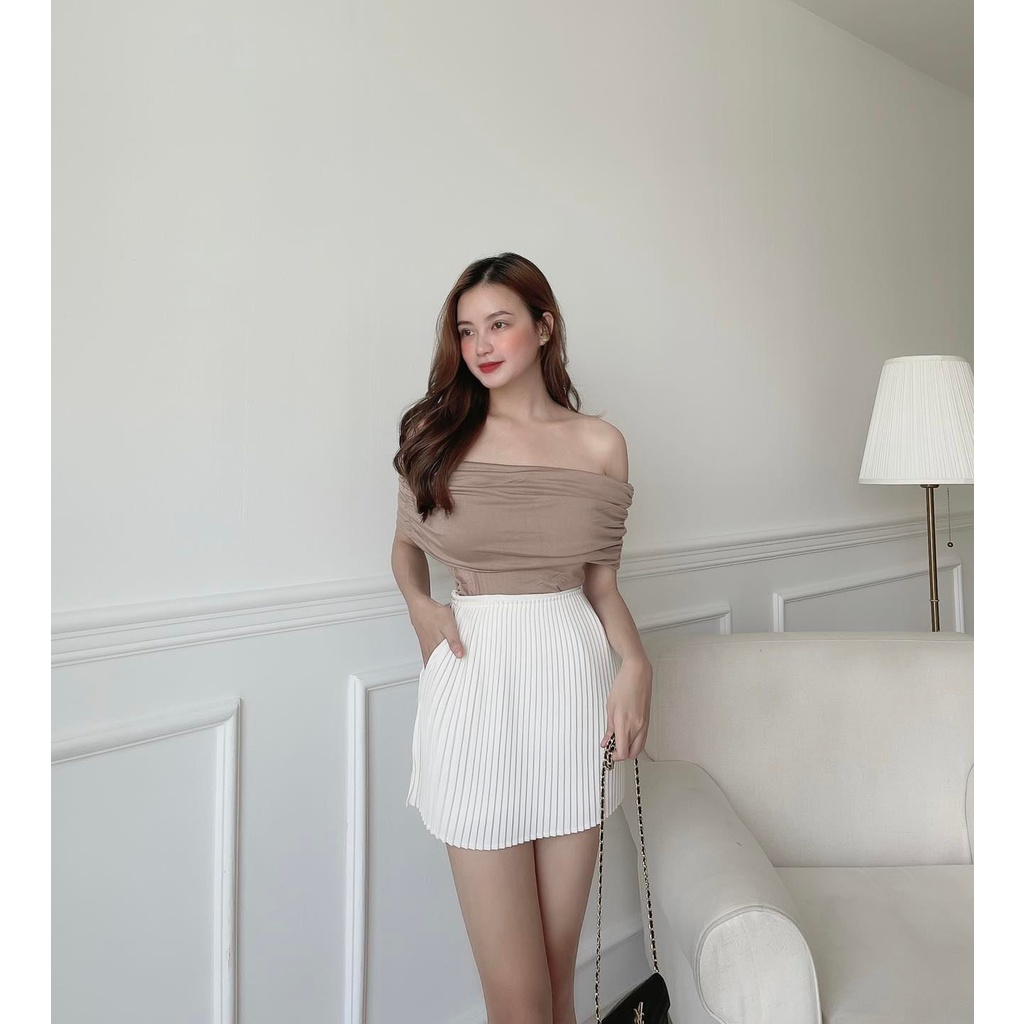 Áo Thun Trễ Vai Tay Ngắn Màu Nude Đi Tiệc Nữ Tính