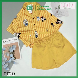 PYJAMAS LỤA SATIN - Bộ Lụa Cộc Đùi Hàng Cao Cấp Chuột Kẻ Vàng0