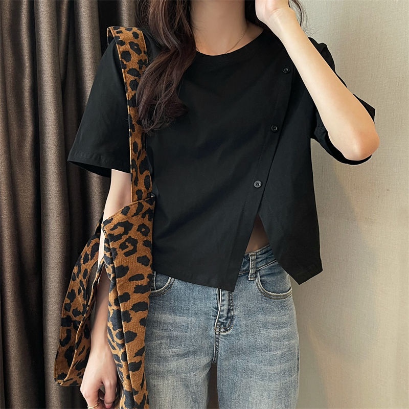 Áo Thun Ngắn Tay Dáng Rộng Xẻ Tà Thời Trang Mùa Hè Dành Cho Nữ