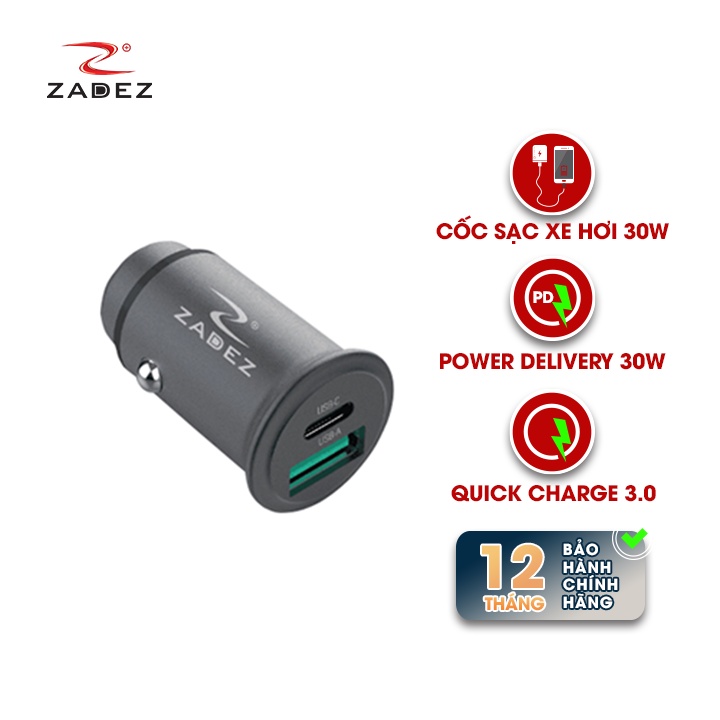 Củ sạc xe hơi nhanh Zadez 2 cổng USB QC 3.0 và Type C PD 30W ZCA-4832