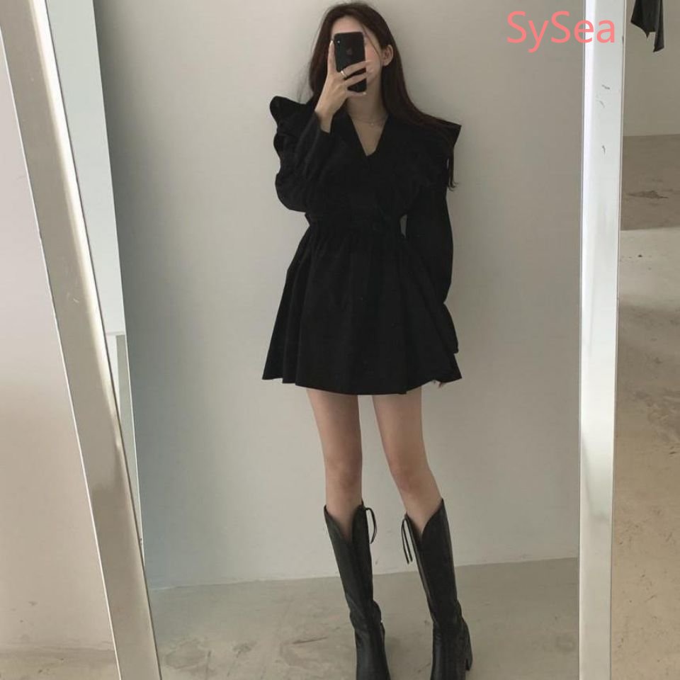 Đầm Dự Tiệc Cổ V Phối Bèo Kiểu Vintage Thời Trang Mùa Thu Cho Nữ