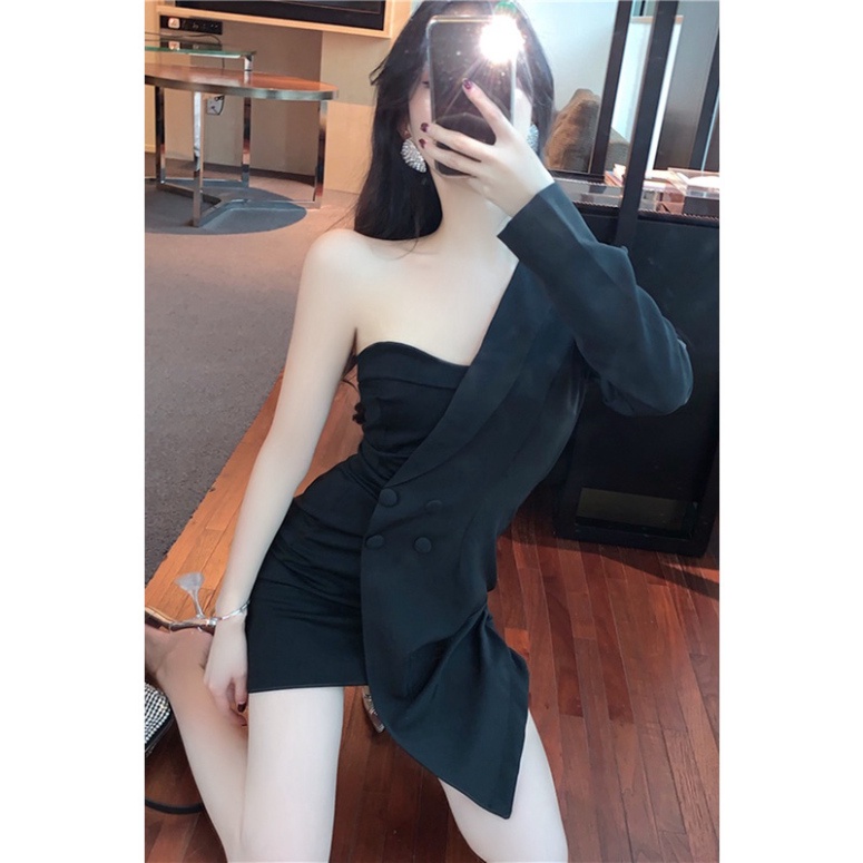 (Hàng oder) Váy đầm vest lệch vai ôm body hai kiểu dài tay và cộc tay. Đầm cao cấp sang chảnh.