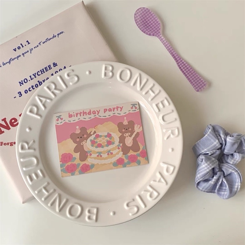 Đĩa sứ cao cấp in chữ nổi Bonmi màu pastel phong cách Hàn quốc