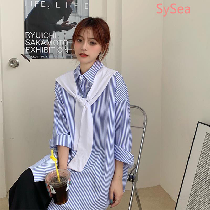 Áo sơ mi cổ đứng tay dài dáng rộng in kẻ sọc phong cách mùa hè cổ điển cho nữ