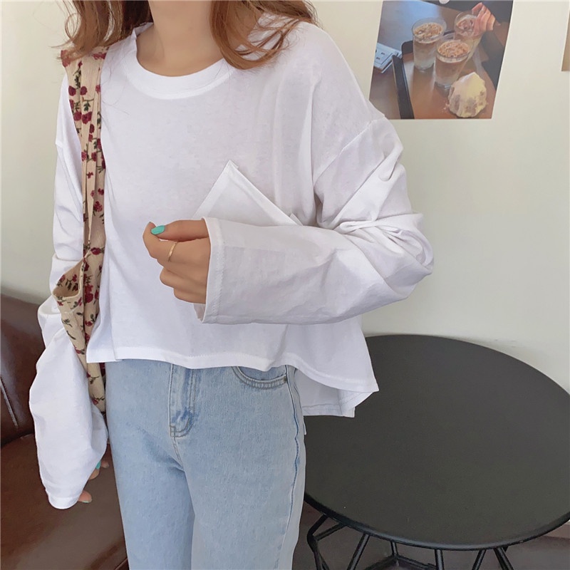 SUXI Áo Thun Tay Dài Cổ Tròn Màu Sắc Đơn Giản Dành Cho Nữ