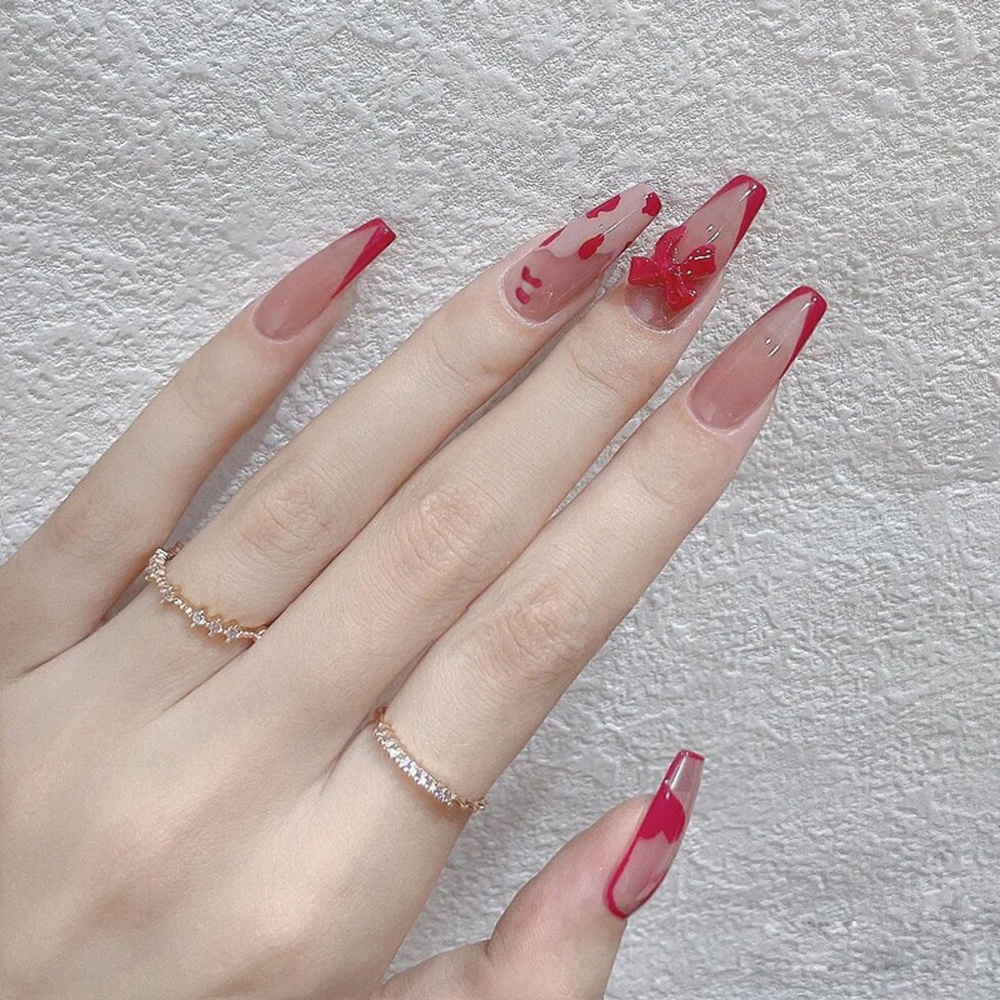 Bộ 24 Móng Tay Giả Họa Tiết Nơ/Trái Tim/Bướm Xinh Xắn