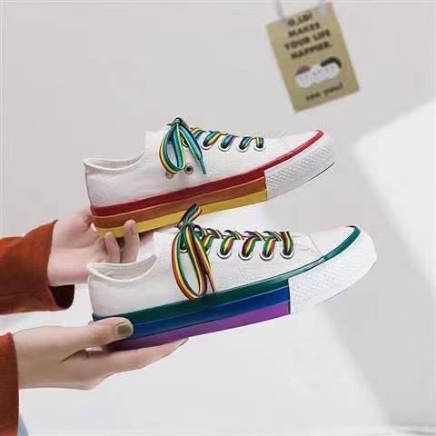 CONVERSE Giày Vải Canvas Cổ Cao Thoáng Khí Màu Cầu Vồng Dễ Thương Cho Nữ