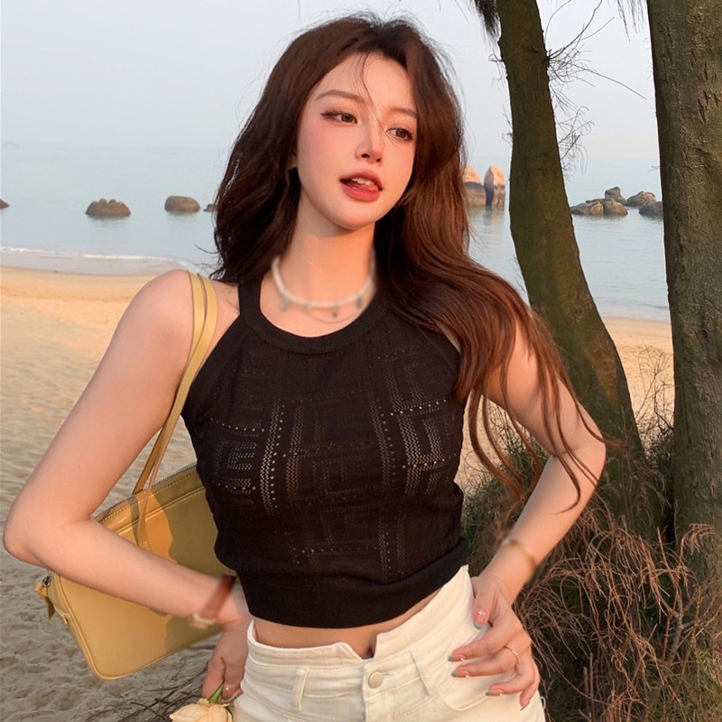 Áo Croptop Dệt Kim Màu Sắc Trơn Thiết Kế Đục Lỗ Phong Cách Hàn Quốc Cho Nữ