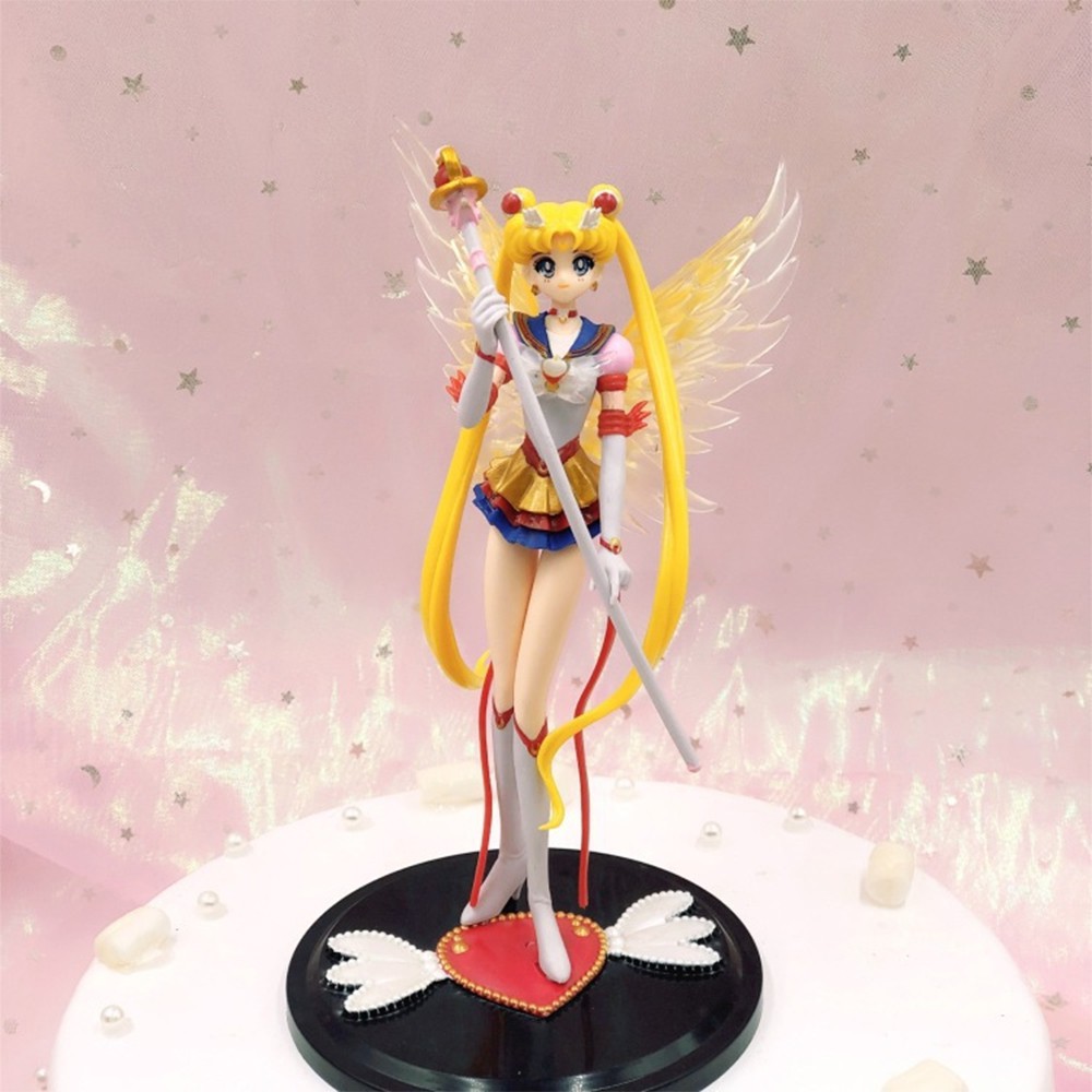 Đồ chơi mô hình nhân vật Sailor Moon Usagi - Thủy Thủ Mặt Trăng Anime có cánh cầm Trượng kèm giá đỡ trang trí bàn học