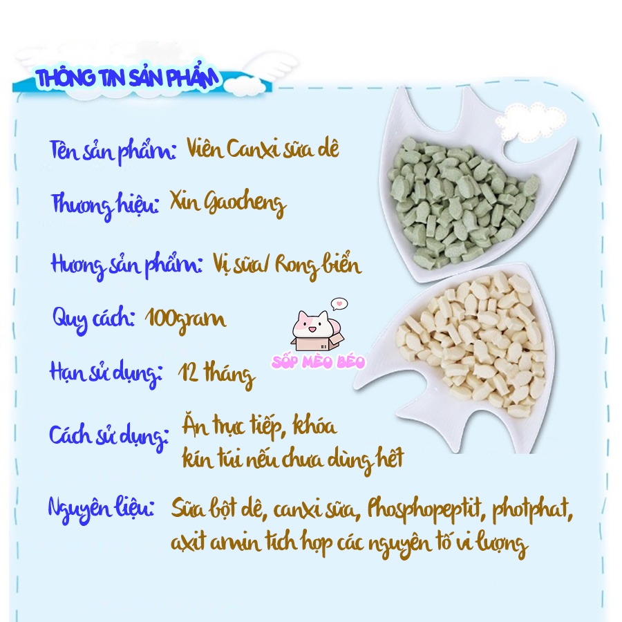 Kẹo Can-xi Sữa Dê và Rong biển gói 100gr thơm ngon cho Mèo và Cún Hãng Xin Gaocheng