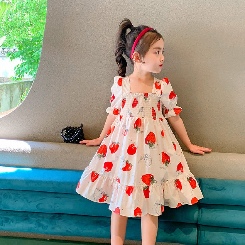 Korean Style Baby Girls Strawberry Prints Dress Children Kids Ruffles Long Dresses