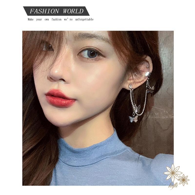 🌸Khuyên kẹp tai thiết kế hình cánh bướm/ nơ/ ngôi sao kiểu chuỗi dài phối tua đính pha lê thanh lịch thời trang cho nữ