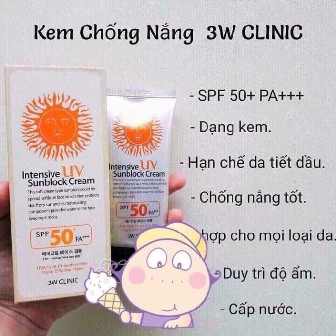 Kem chống nắng 3W Clinic Intensive UV Sunblock Cream Hàn Quốc SPF 50 PA+++ 70ml giúp bảo vệ da cung cấp độ ẩm