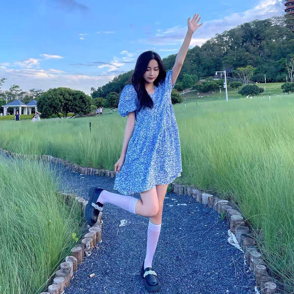Váy hoa nhí badydoll vintage cộc tay Gorogi, đầm cổ vuông tay phồng ulzzang ngắn đi biển có bigsize