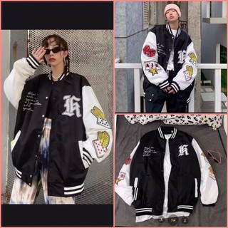[Hot Sale] Áo Bomber Tay Da K Dáng Unisex Tay In Chữ 🦋 Áo Khoác Nam Nữ Dáng Rộng Khóa Bấm 🦋