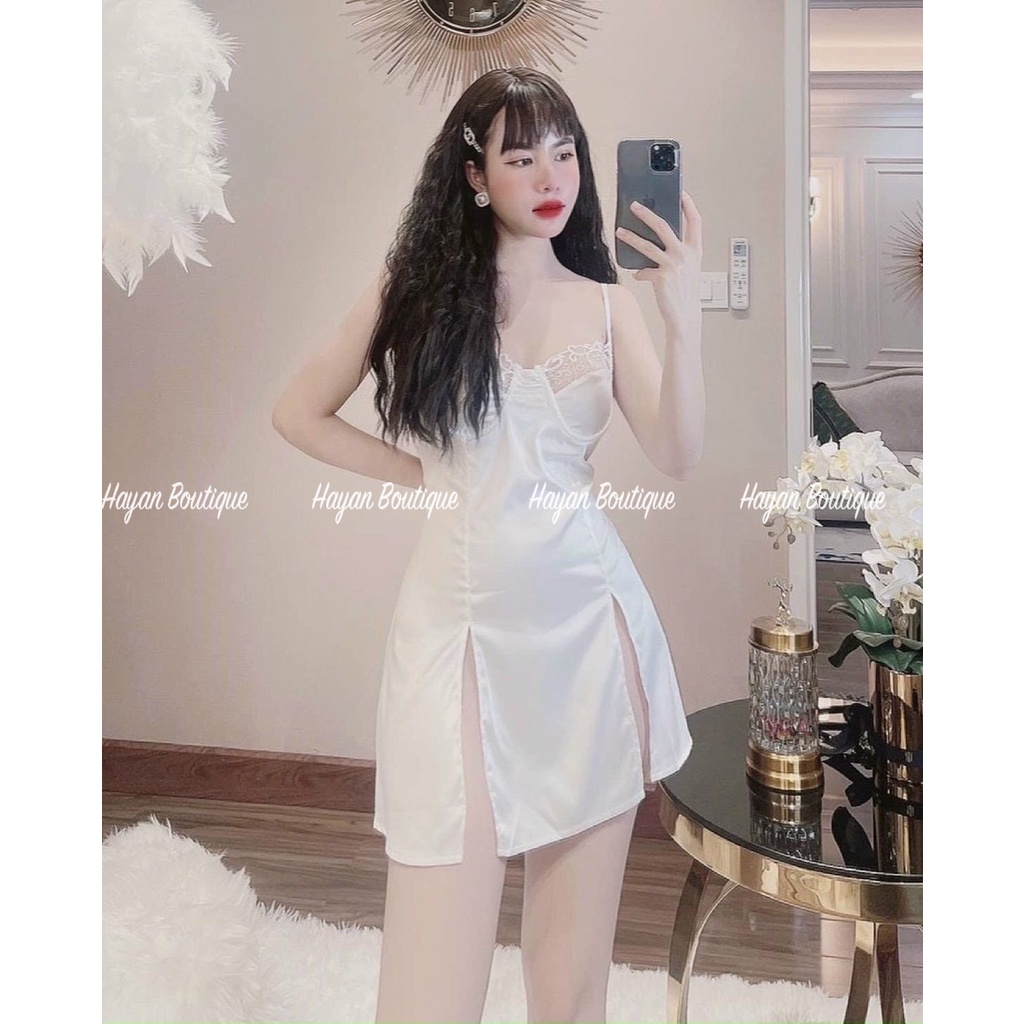 HT85 Váy ngủ sexy xẻ đùi có GỌNG tôn dáng, đồ ngủ lụa phối ren quyến rũ mặc nhà HT85