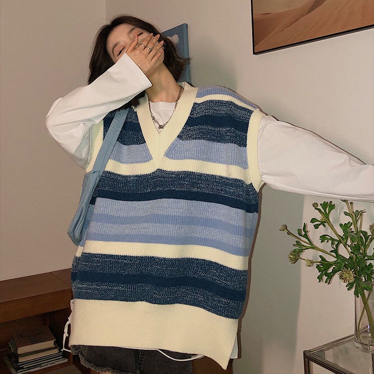 Áo len không tay cổ chữ v dáng rộng thiết kế thời trang cá tính cho nữ