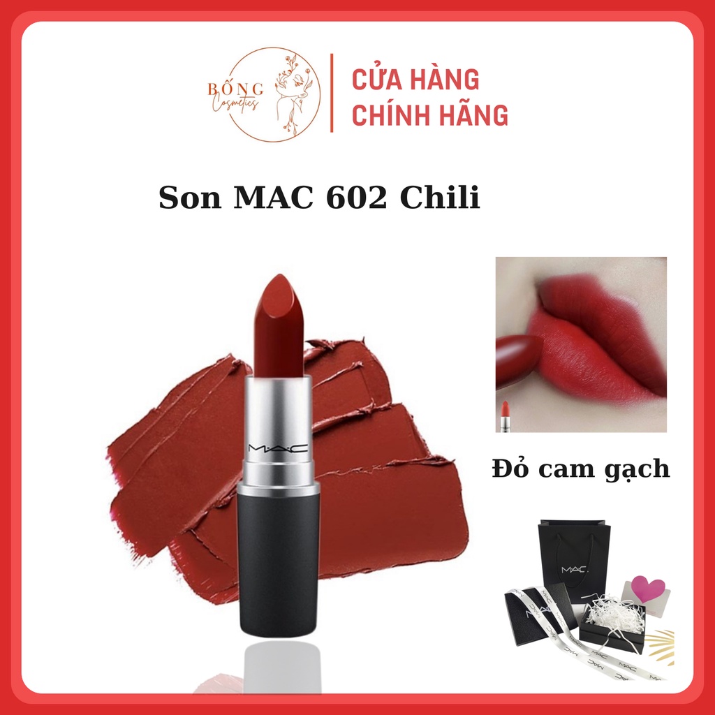 Son Mac màu 602 Chili Đỏ gạch siêu đẹp, Son mac Powder kiss, Retro Matte, Bống cosmestics