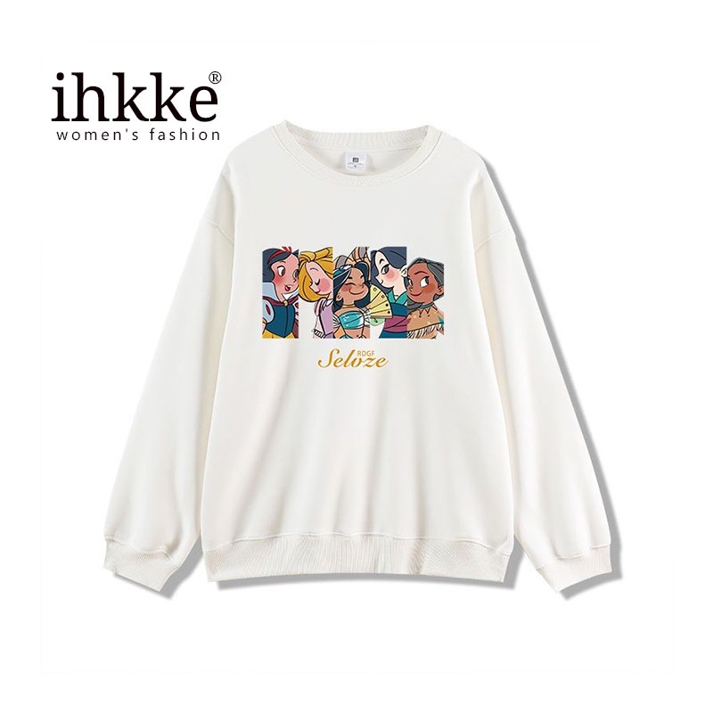 Áo sweater Ihkke cổ tròn dáng rộng in họa tiết màu đen thời trang mùa thu cho nữ