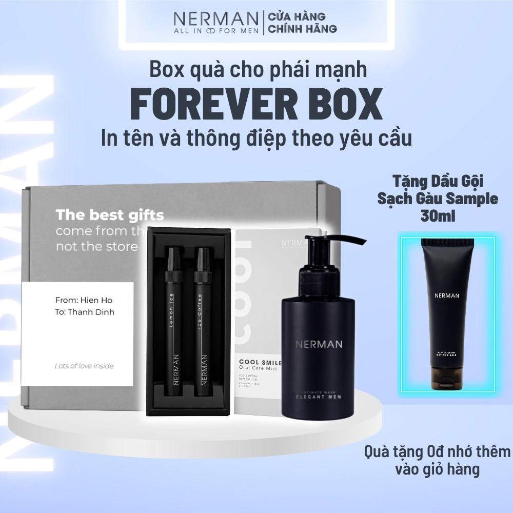 Bộ quà nam giới FOREVER BOX NERMAN - Xịt thơm miệng Cool Smile 10ml/chai &amp; Dung dịch vệ sinh nam Elegant Men 100ml