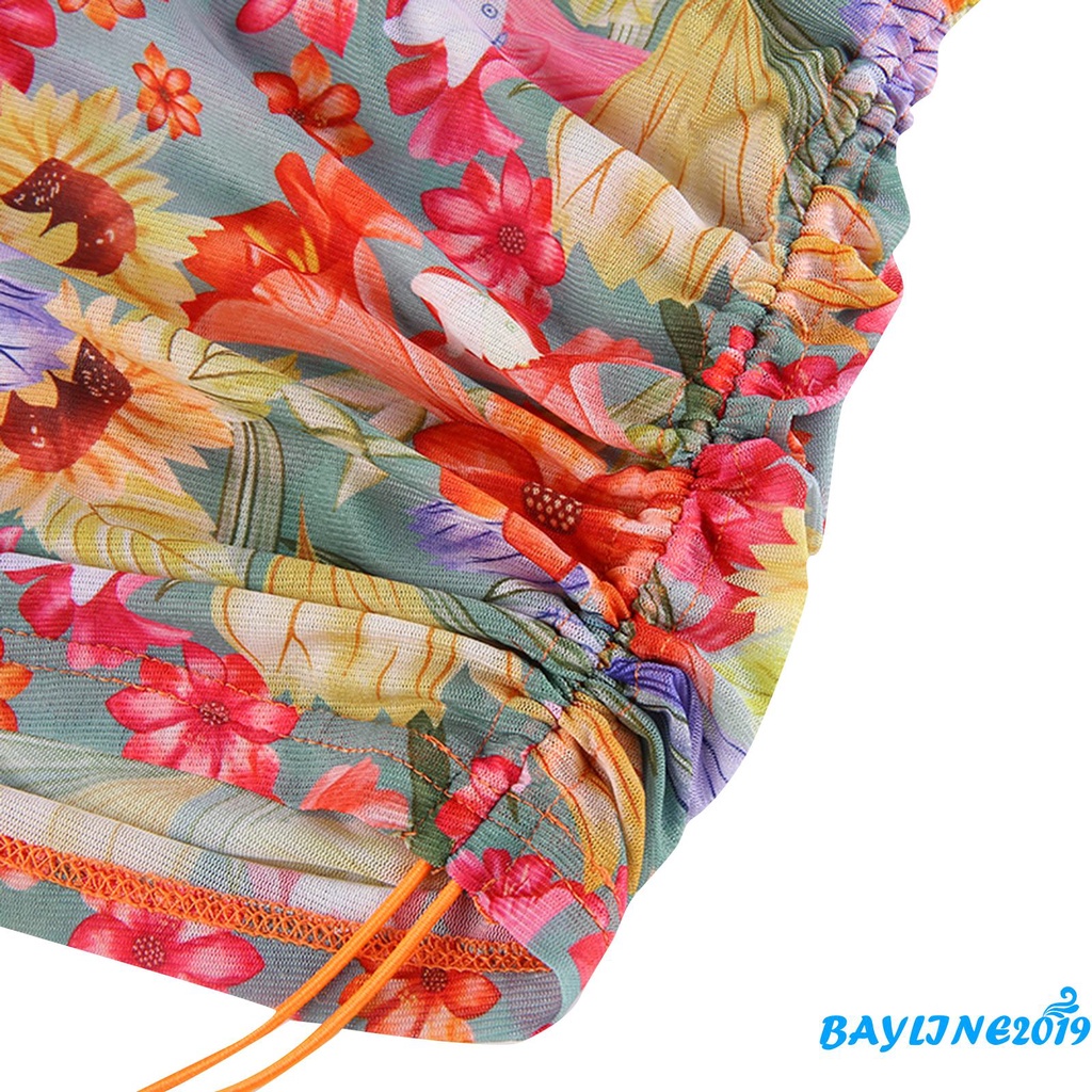 Bộ đồ 2 món áo croptop tay dài cổ chữ V buộc dây in họa tiết hoa + chân váy dây rút thời trang đi biển cho nữ | BigBuy360 - bigbuy360.vn