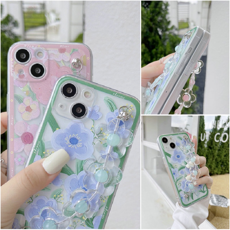 Casing For IPhone 13 12 11 Pro Max Mini SE 2020 6 6S 7 8 7+ 8+ 6+ 6S+ X XS XR XSMAX ProMax Cute Flowers Tpu Fine Hole Shockproof Clear Soft Phone Case Best Friend Back Cover with Chain CES 27