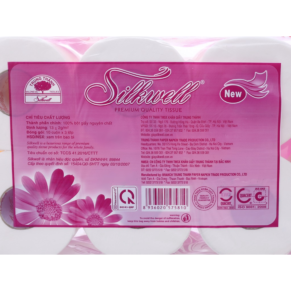 Giấy vệ sinh Silkwell Tím 10 cuộn 3 lớp có lõi cao cấp siêu mềm mịn không tẩy trắng hàng chính hãng