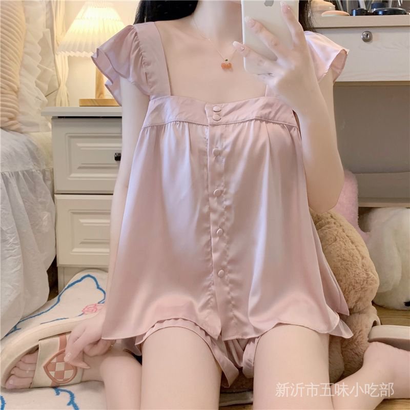 Bộ Đồ Ngủ Hai Dây Cổ Vuông Phối Bèo Màu Hồng Dễ Thương Thời Trang Mùa Hè 2022 Cho Bạn Gái