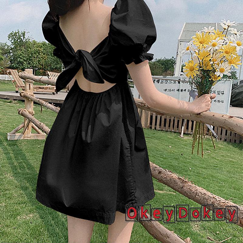 Đầm Cổ Vuông Tay Phồng Ngắn Hở Lưng Thắt Nơ Thời Trang Cho Nữ