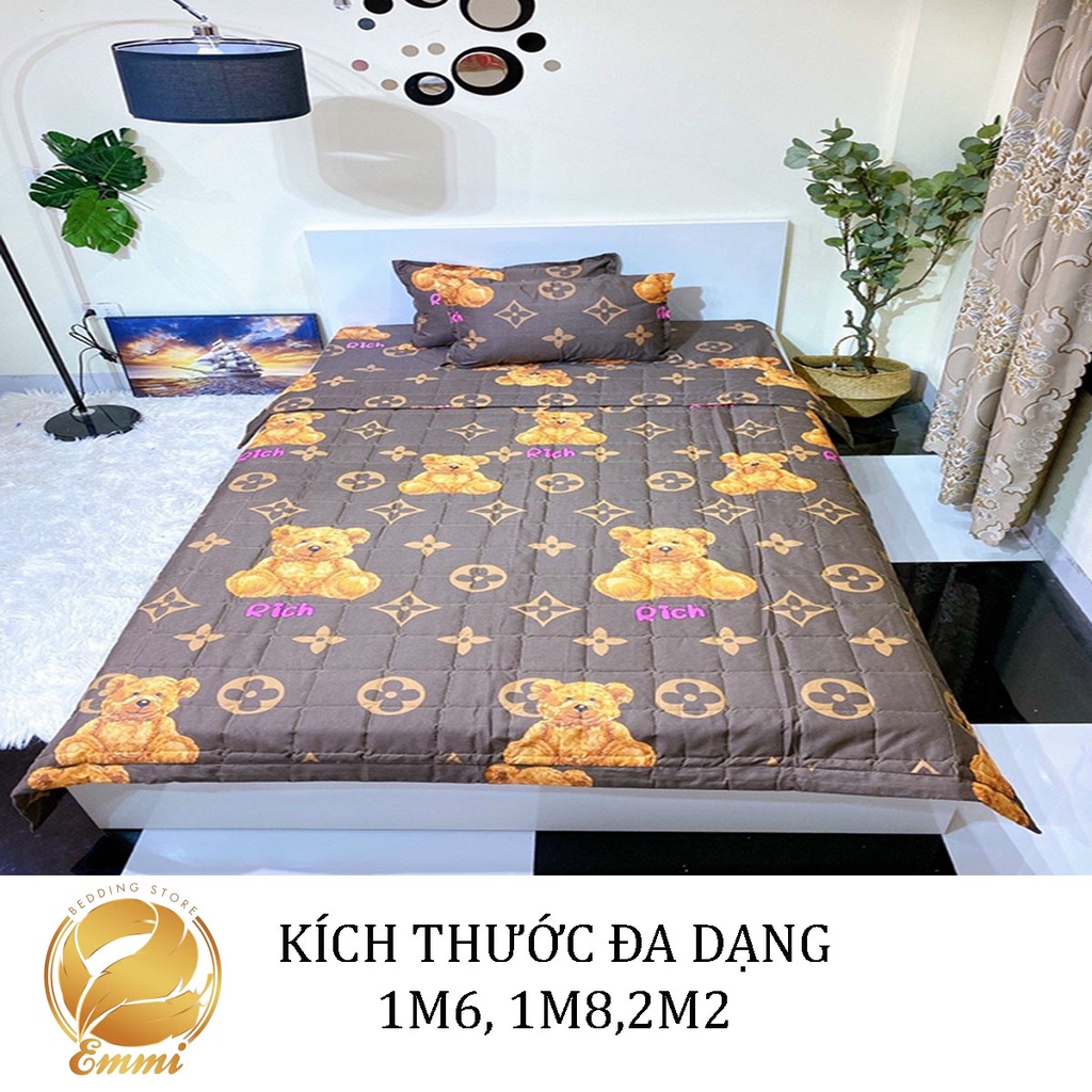 Set ga gối chăn hè chần bông Cotton 5 món EMMIBedding, mẫu Gấu nâu mền cotton họa tiết đáng yêu