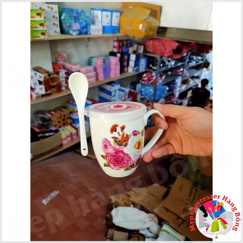 (SIÊU RẺ) Cốc sứ uống nước kèm thìa và nắp hít chân không 300ml