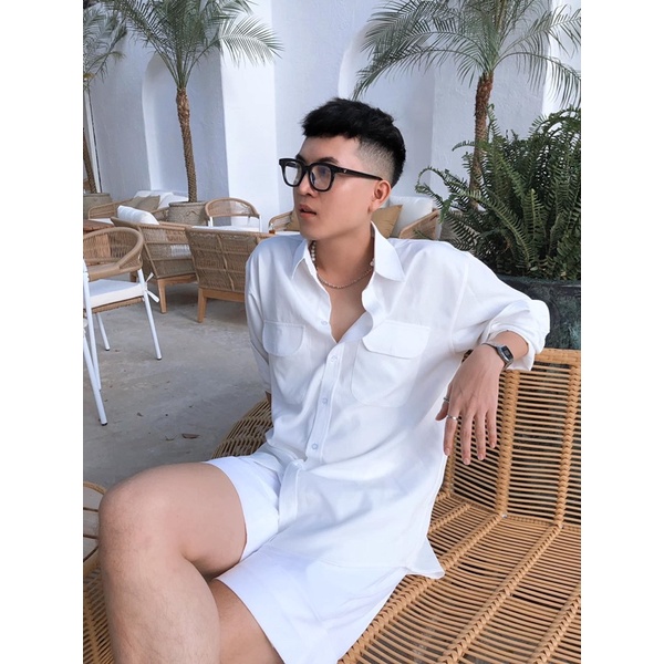 SIAM SƠMI DÀI TAY MÀU TRẮNG ĐEN 2 TÚI TRƯỚC