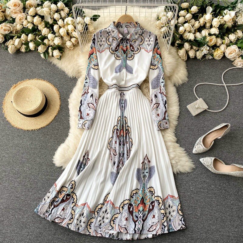 Hàng QC - Đầm xòe lụa sơ mi hoa văn dáng dài chân váy dập ly sang trọng - BH70