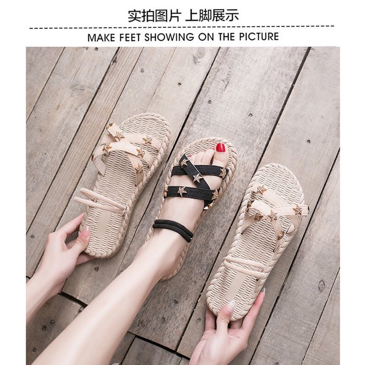 Dép Sandal nữ đế bằng quai mảnh đính đinh da lộn êm chân đi được 2 kiểu-SB17
