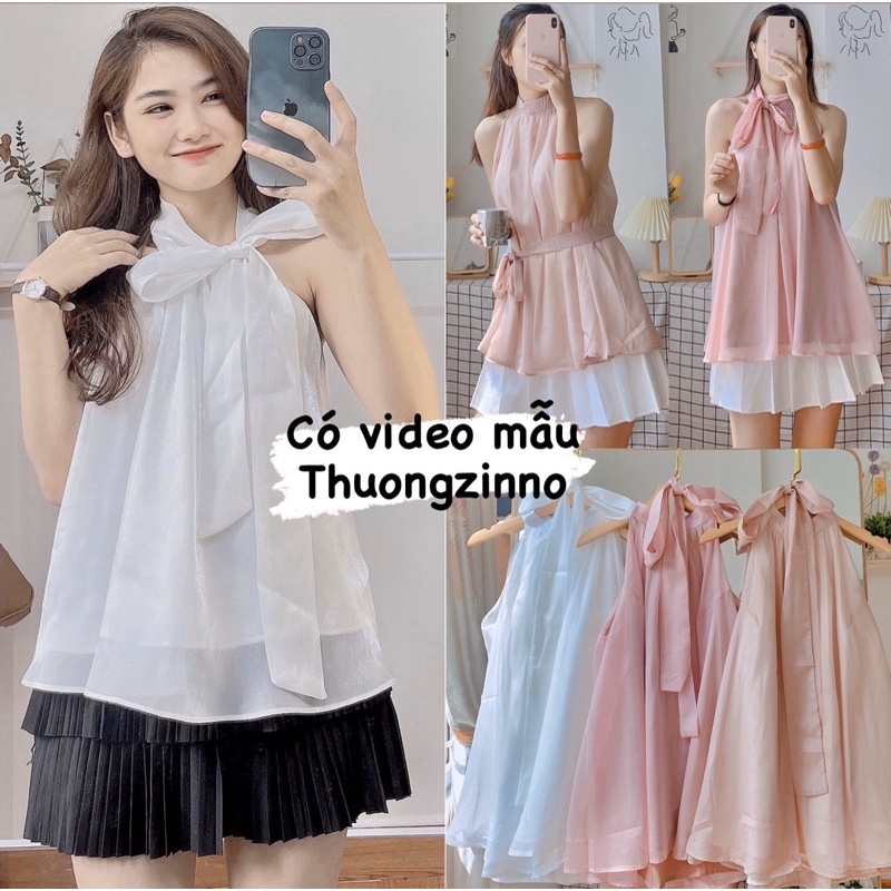 [Ảnh thật/Video] Áo Khoét Vai Nơ Cổ Sang Chảnh Yếm Tơ Hàn Quốc sang chảnh