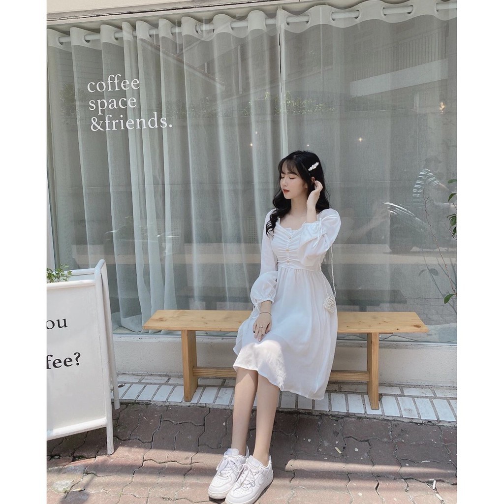 Đầm / váy trắng dài tay rúm ngực | BigBuy360 - bigbuy360.vn