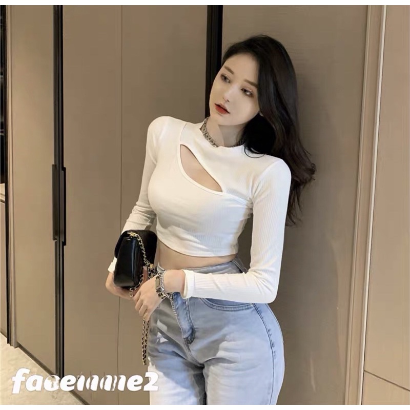 Áo kiểu thun croptop tay dài phối kiểu xẻ ngực