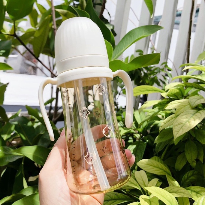 Bình hút Tovi and Molly Thỏ Sóc Hàn Quốc màu trắng/ Be 180ml 280ml, bình sữa Thỏ có tay cầm ống hút