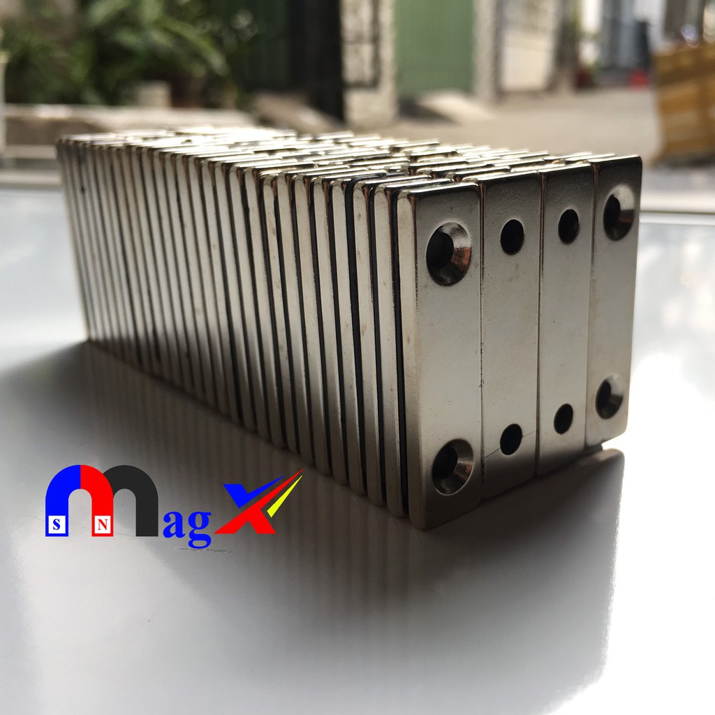 Nam Ch&acirc;m Trắng Chữ Nhật C&oacute; Lỗ V&aacute;t Bắt V&iacute;t 40x10x3mm C&ocirc;n M4 -  N35 Lực H&iacute;t Cực Mạnh