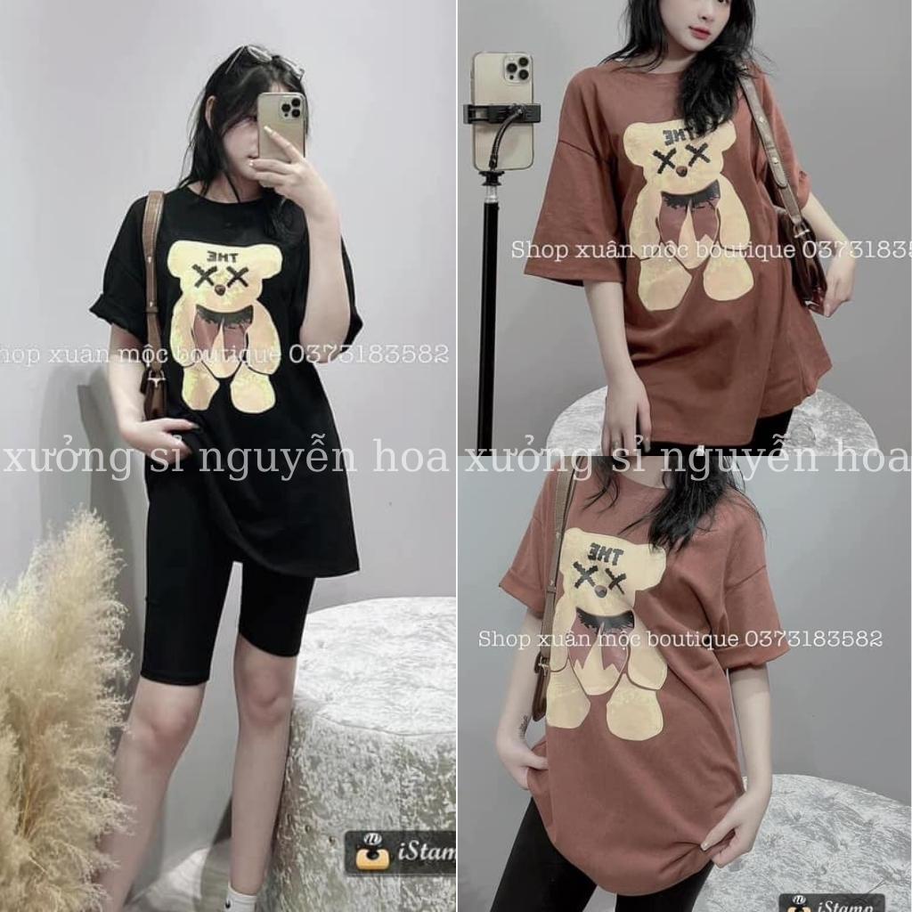 Sét bộ áo thun in hình gấu The dáng rộng kèm quần ngố legging ôm 2 màu nâu đen Xưởng Sỉ Nguyễn Hoa