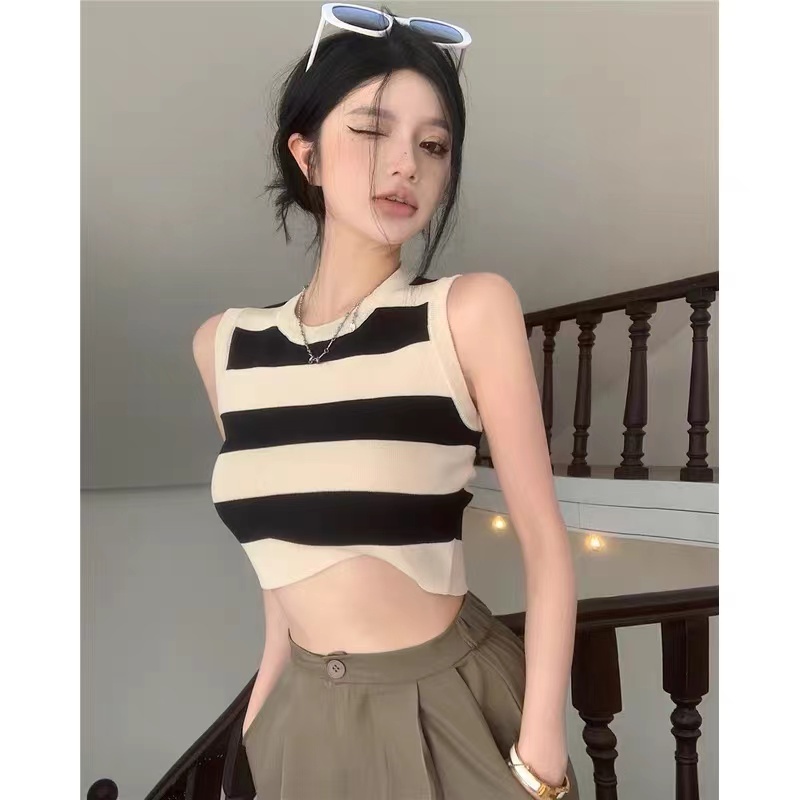 Áo Dệt Kim Sát Nách Dáng Ôm Cổ Tròn Kẻ Sọc Thời Trang Cho Nữ