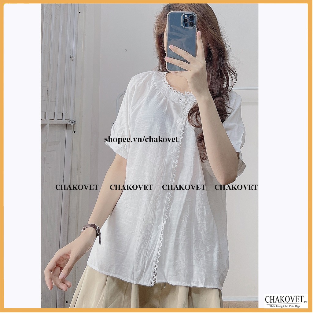 Áo sơ mi nữ viền ren cổ tròn cka822, kiểu áo nữ cộc tay hai màu be và trắng cực cute