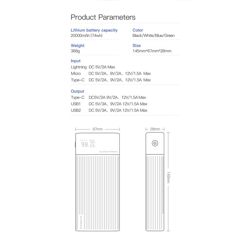 Sạc Dự Phòng KUULAA 20000mAh USB 3.0 Sạc Nhanh Cho Iphone Huawei