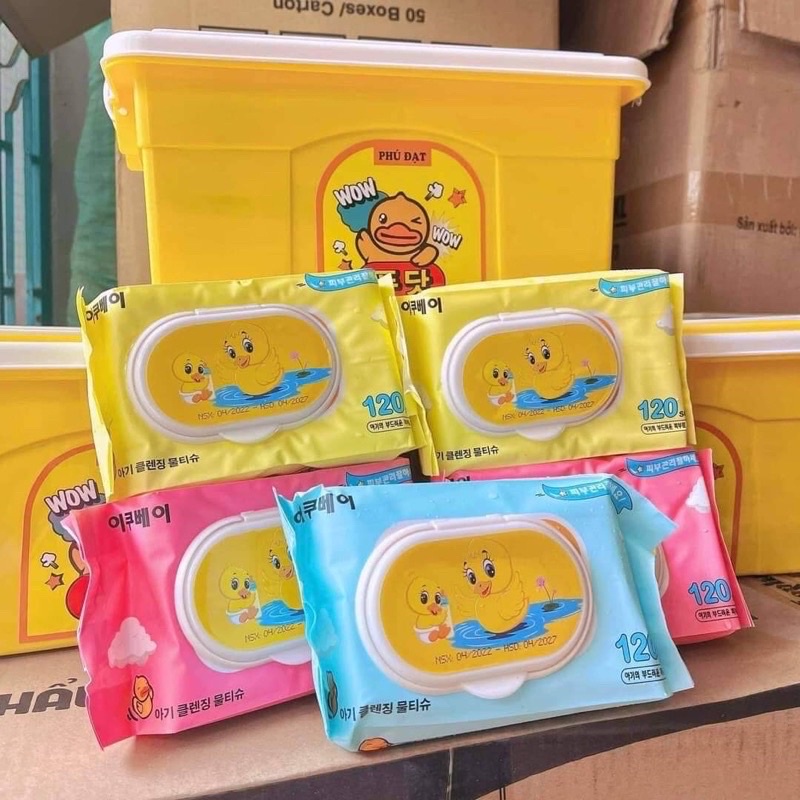 Khăn giấy ướt vịt vàng 10 gói kèm thùng nhựa