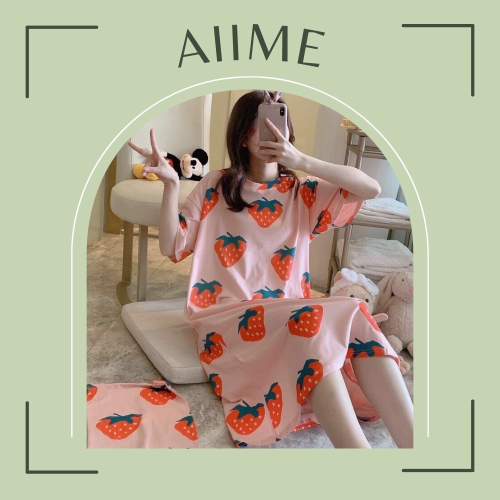 Váy ngủ nữ/ Váy cotton mặc ở nhà in hình siêu cute dáng dài tặng kèm túi dây rút